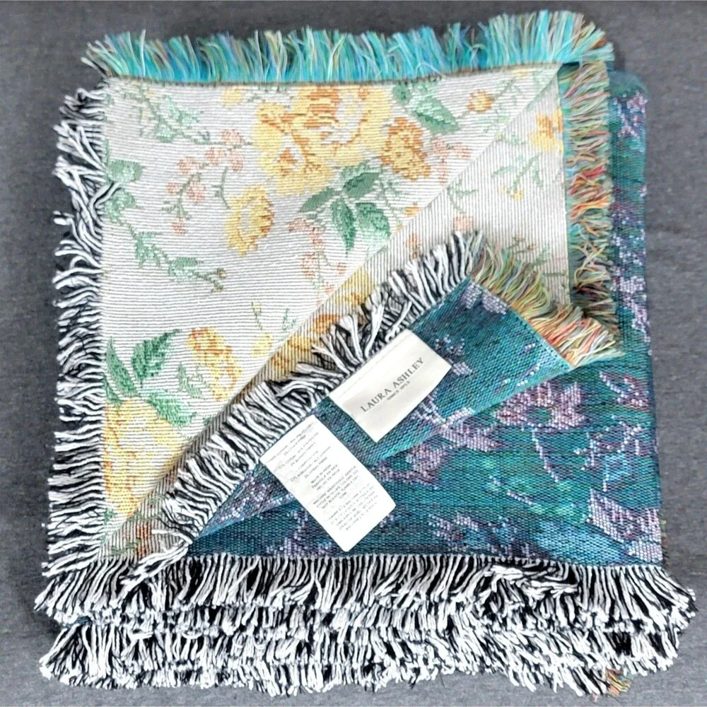 Vintage Laura Ashley Throw Blanket Multi-Color Floral Reversible Fringed 52x72